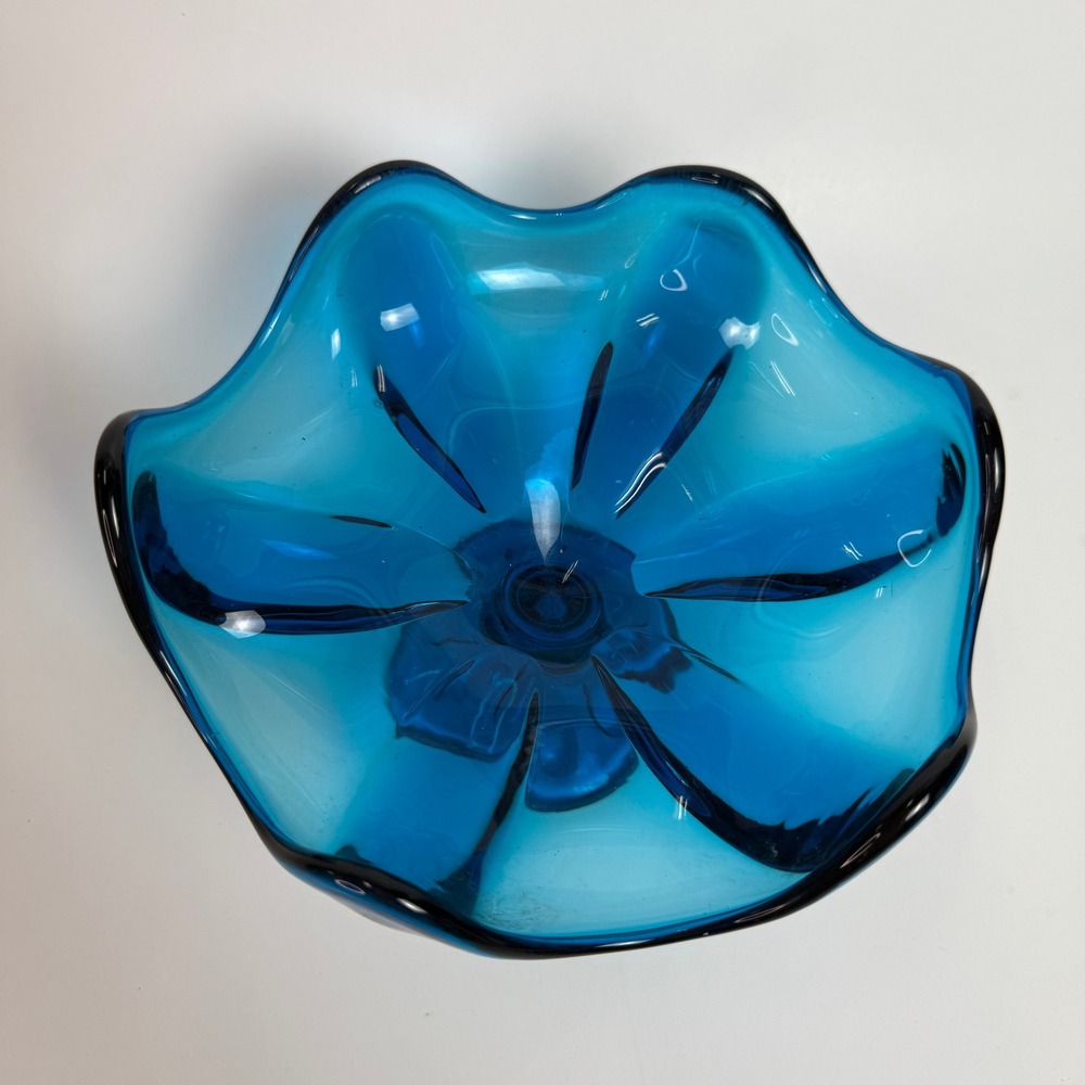Viking Glass Blue Epic Bluenique Petal Compote Pedestal Bowl MCM Vintage 7" - Picture 7 of 7